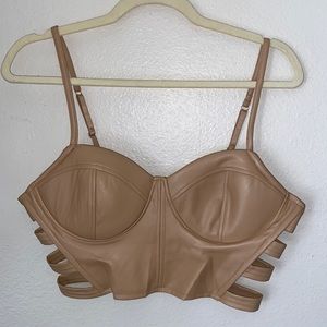 Large Sexy nude beige side cut out pleather dominatrix corset Bustiers crop top